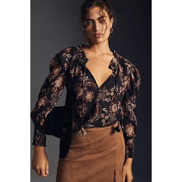 Misa Los Angeles Floral Print Long Sleeve Siena Blouse Top Black Women's Small - Picture 1 of 10